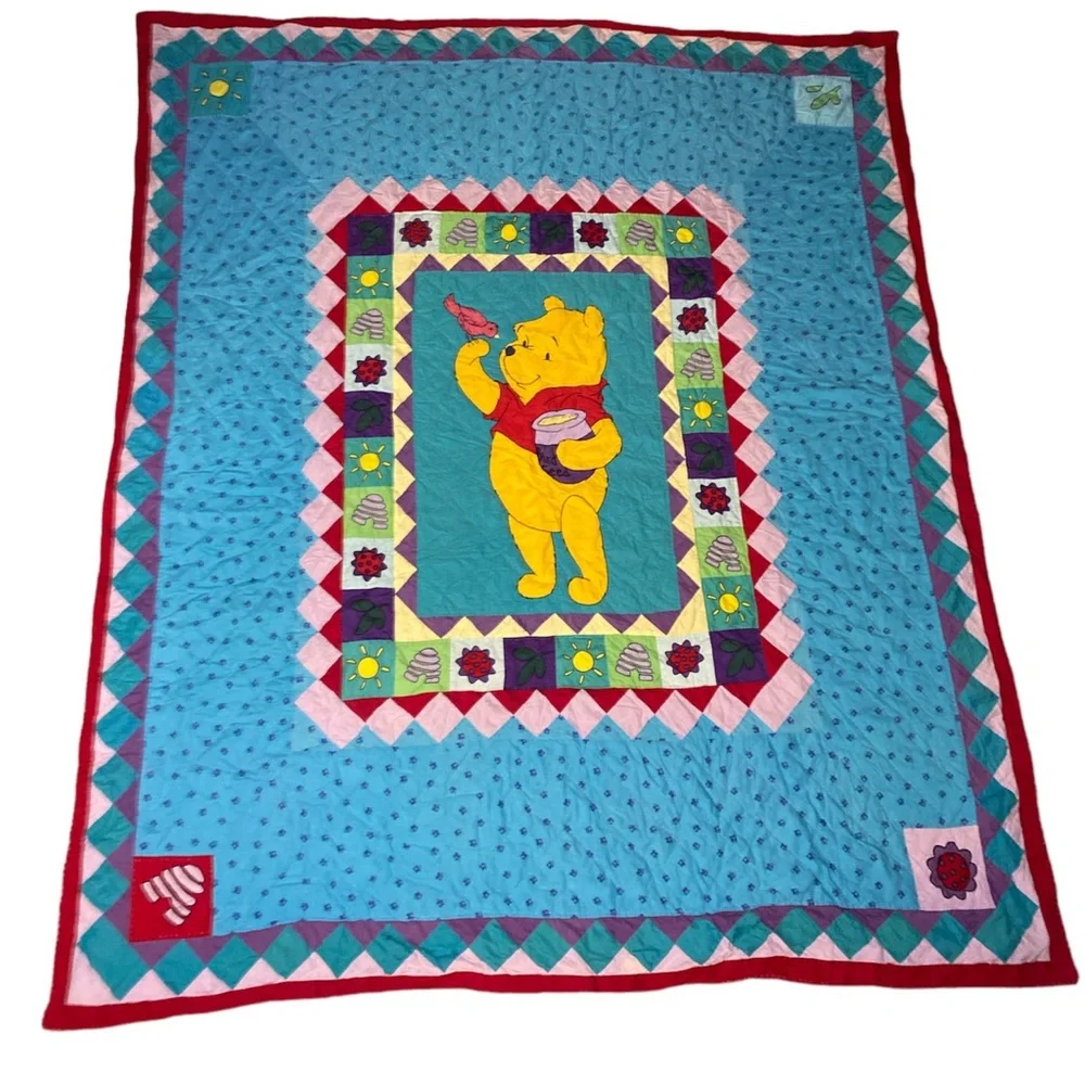 Vintage Disney Winnie The Pooh Blanket Patchwork Quilt Embroidered 90’s
